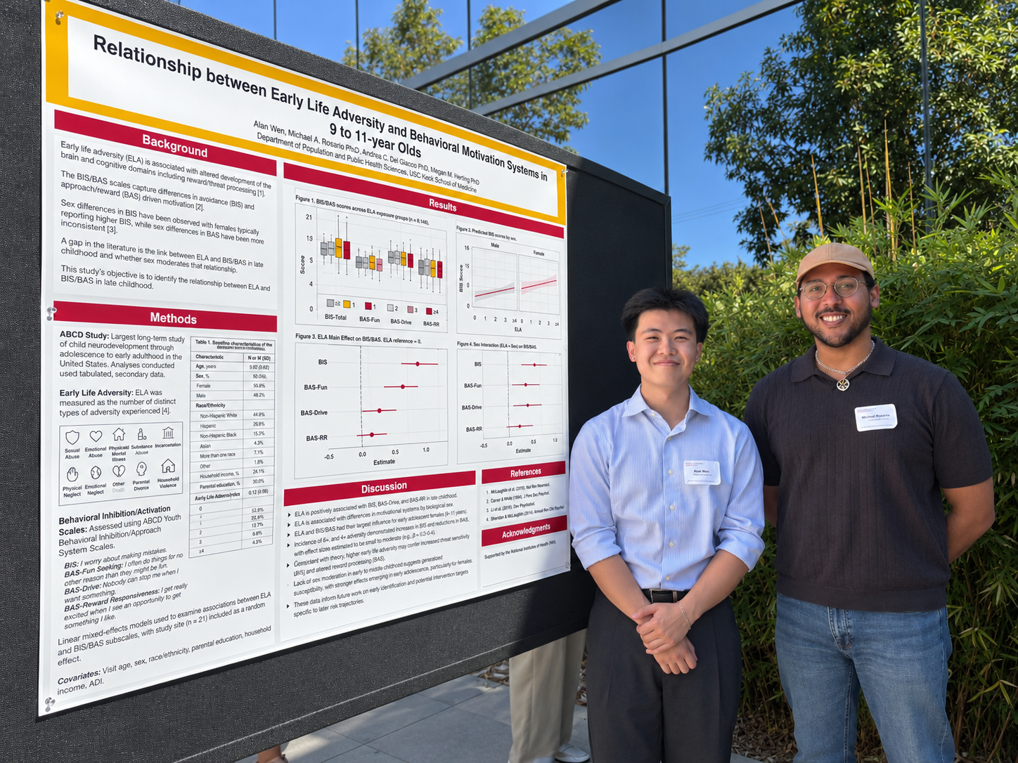Alan Wen and Michael Rosario standing beside Alan's research poster at the USC Department of Population and Public Health Sciences Research Symposium